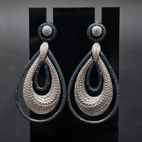 Diamond Chip Navy Blue Silver Tone Earrings SJ BR - Picture 1 of 8